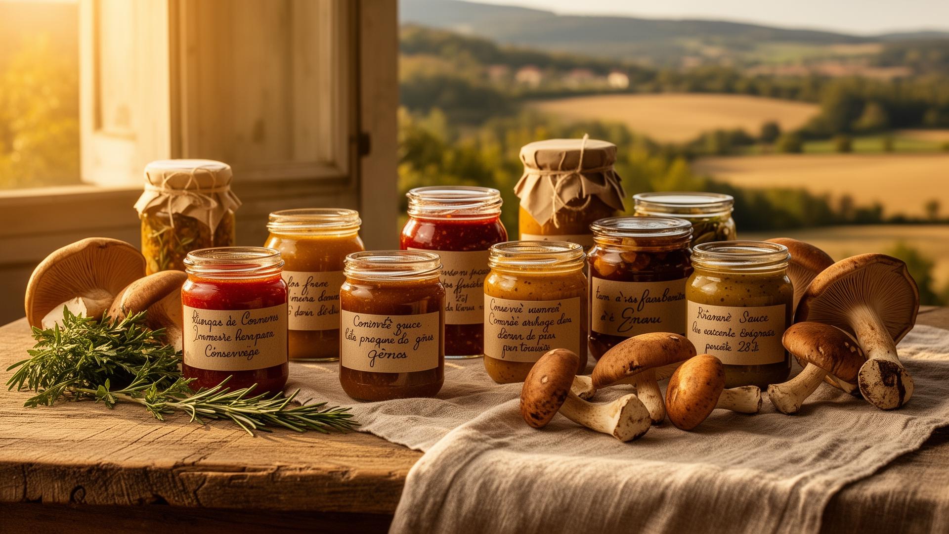 Conserves artisanales sur table en bois